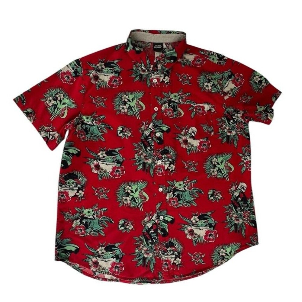 Star Wars The Mandalorian Grogu Baby Yoda Leaves Hawaiian Button Up Shirt Large